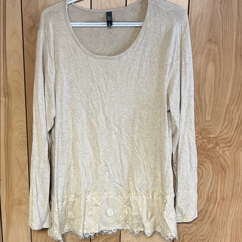 Cream Lace Hem Long Sleeve Top